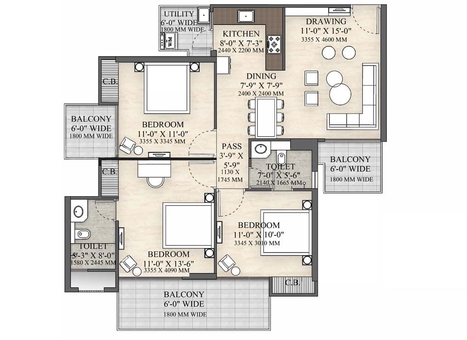 3 BHK + 2T