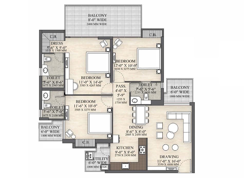 3 BHK + 3T