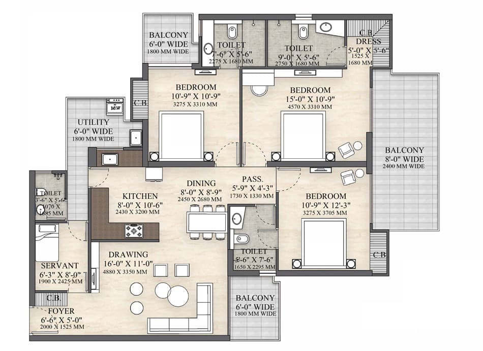 3 BHK + 4T + SER